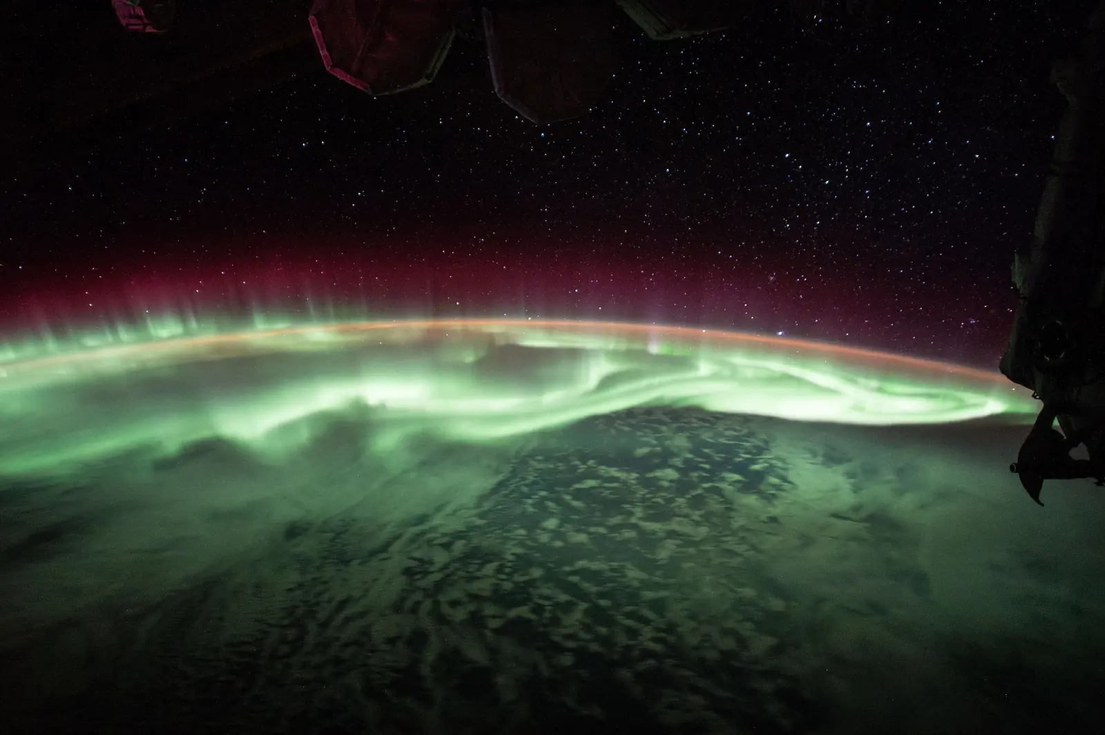 A green and red aurora over Antarctica seen from the International Space Station