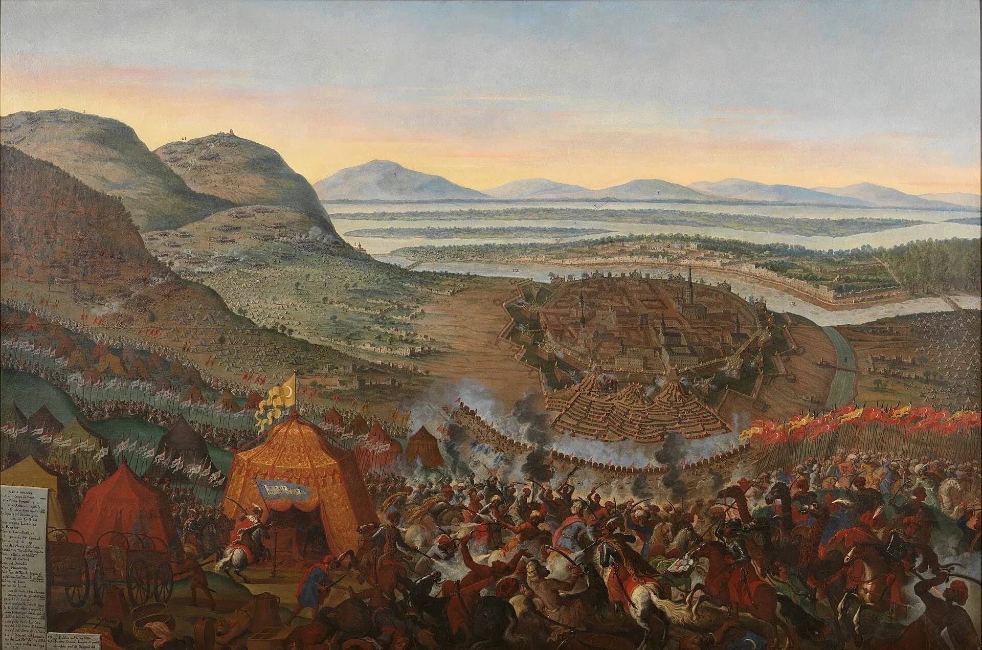 Painting of the siege of Vienna: the walled city in the plain, the Ottoman camp and tents in front, and the wooded hills of the Kahlenberg on the left