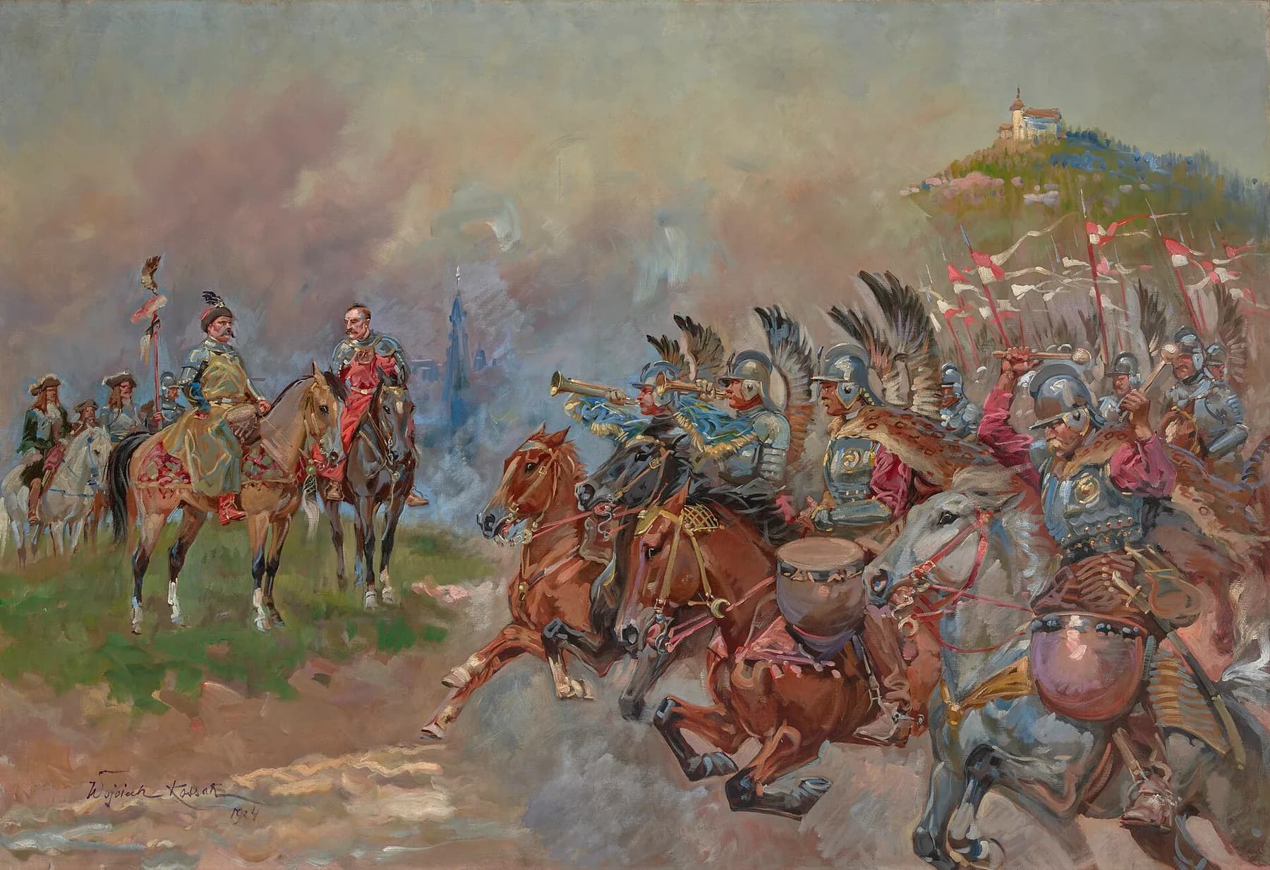 Wojciech Kossak's painting of Polish hussars riding past King Sobieski, with the Kahlenberg church on the hill behind