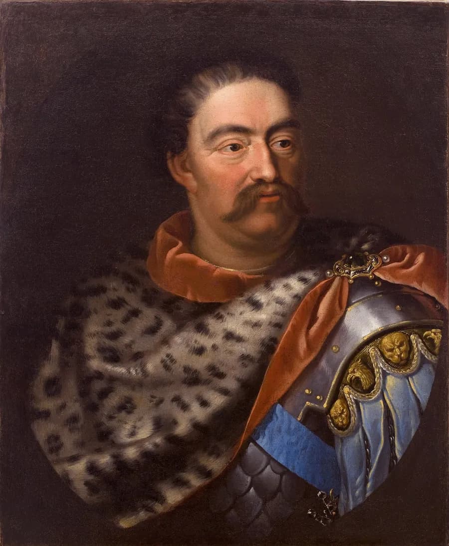 Painted portrait of King John III Sobieski in armour and a leopard skin